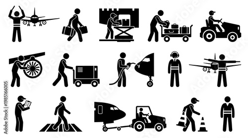 Airport staff, baggage handling, aircraft, vehicle, and service glyph icons