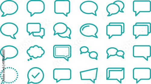Various teal colored speech bubbles and chat icons on white background