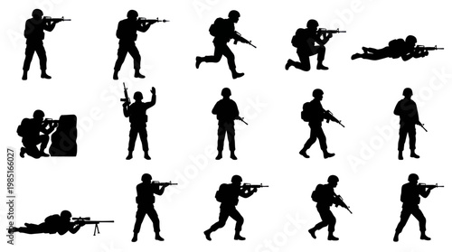 Military Soldiers Silhouettes Set Black  White Action Poses