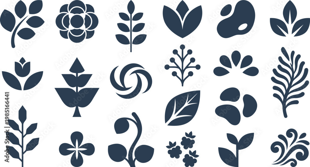 Fototapeta premium Collection of minimalist botanical leaf and flower icons in dark blue