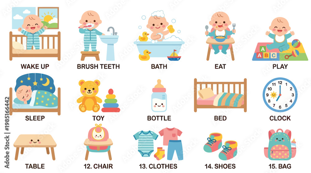 Fototapeta premium Cute Baby Daily Routine Flat Vector Icons Set