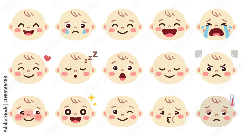 Fototapeta premium Cute baby faces emojis cartoon style vector illustration, expressions