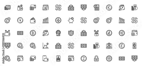 Currency icon set. Finance vector icons pack. Includes Bitcoin, Wallet, Exchange, Cash, Euro, Safe, Shield, Coins, and more. Editable thin line icons.