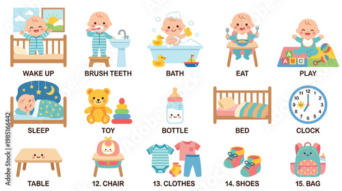 Cute Baby Daily Routine Flat Vector Icons Set