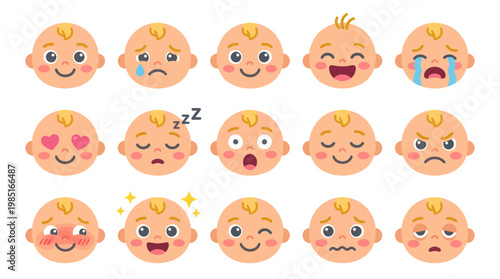 Cute Baby Face Emotions Icon Set, Flat Vector Illustration