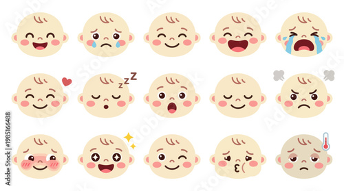 Cute baby faces emojis cartoon style vector illustration, expressions