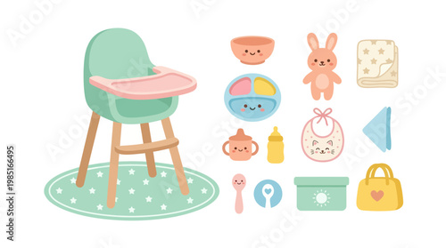 Cute Baby Feeding High Chair and Accessories Flat Design Vector