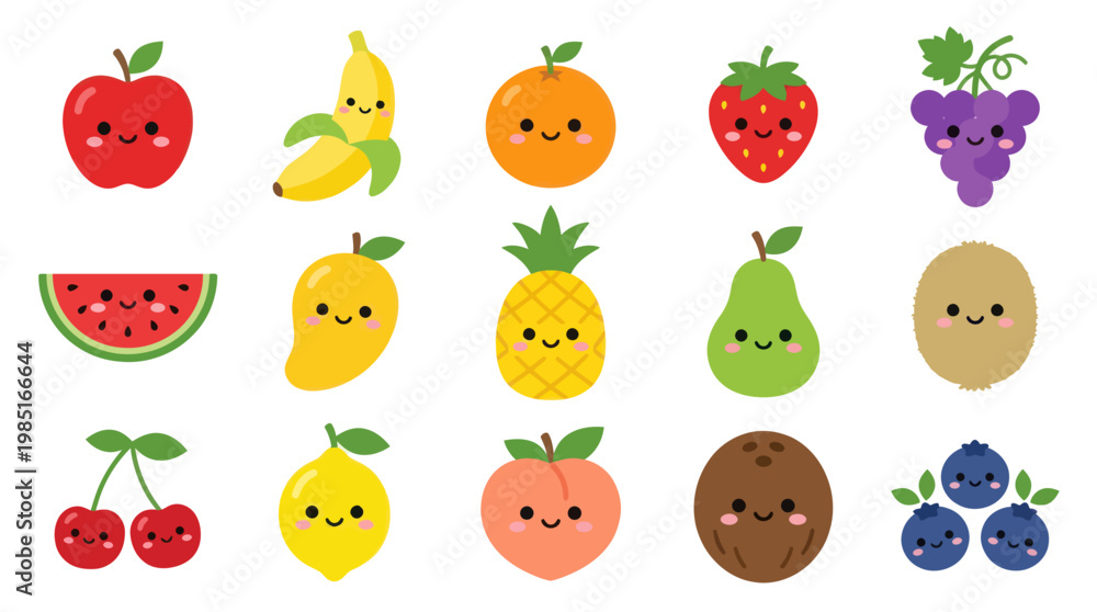 Fototapeta premium Cute Flat Cartoon Fruit Characters Vector Collection. Healthy Kawaii Food Illustrations for Kids.