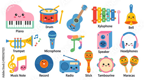 Cute Musical Instruments Vector Art, Flat Style - Children's Education