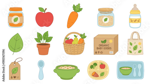 Organic Baby Food  Goods Vector Icons: Jar, Apple, Carrot, Bottle, Basket