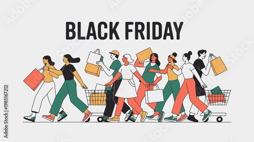 A vibrant illustration of people shopping on Black Friday with shopping bags and carts