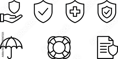 Black line art insurance and protection symbols set including hand shield umbrella and life preserver