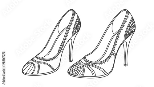 A pair of elegant high-heeled shoes with intricate designs on a plain white background