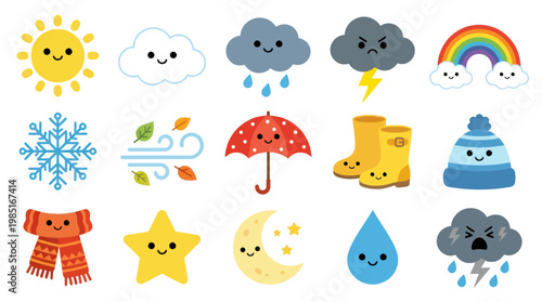 Cute Weather Icons Set: Sun, Cloud, Rain, Snow, Rainbow, Storm, Star, Moon, Droplet, Scarf, Boots, Hat