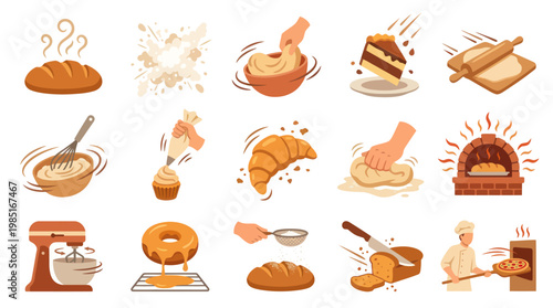 Baking and Bakery Flat Vector Icons Set. Food Preparation, Pastry, Bread and Dessert Illustrations