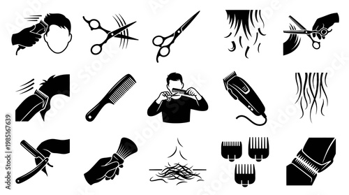 Barber Shop Hairdressing Tools  Grooming Actions Black  White Glyph Icons