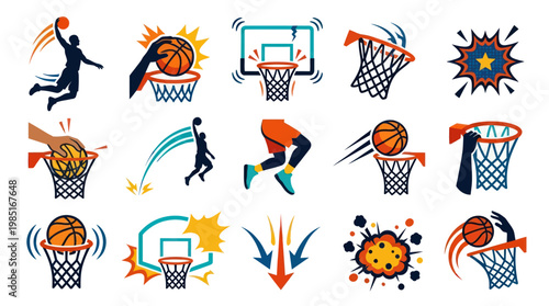 Basketball Icons: Dynamic Sports Action  Game Illustrations, Flat Design