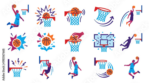 Basketball Icons Set Flat Design: Sports, Players, Dunking, Net