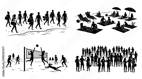 Black  White Line Art Beach Scenes: Volleyball, Sunbathing, Crowds