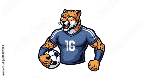 A fierce cheetah wearing a blue soccer jersey and holding a soccer ball, ready for a championship match