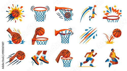 Flat Style Basketball Icons: Action, Game, Court, Ball, Hoop, Players