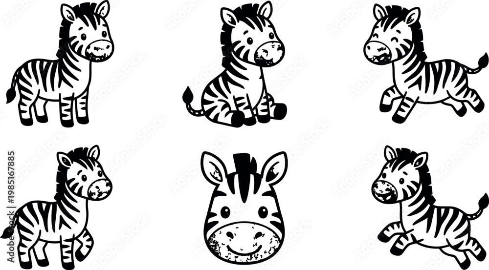 Fototapeta premium Black and white cute zebra in various poses vector art collection