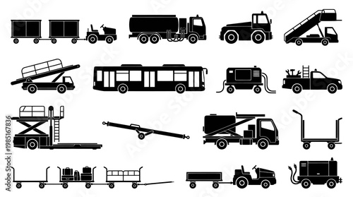 Black  White Icons of Airport Ground Support Equipment and Vehicles