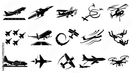 Aircraft and Aviation Icons: Jets, Planes, Helicopters, Drones, Skydiving, Black  White Glyphs