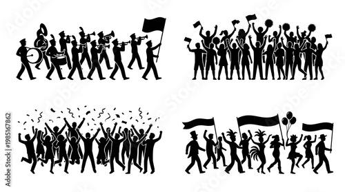 Black and White Vector Illustrations of Parades, Crowds, and Celebrations