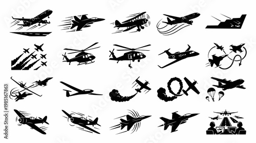 Vector Icons of Various Aircrafts, Military Jets, Helicopters, Airplanes