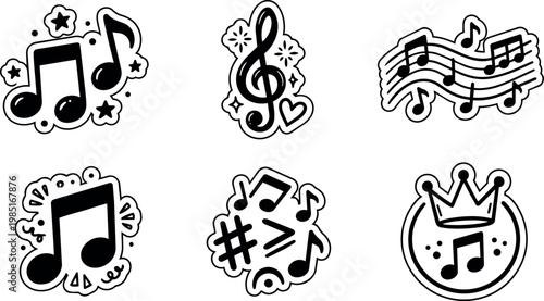 Black and white music notes icons with stars crown and treble clef vector art