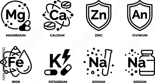 Black and white vector icons of chemical elements magnesium calcium zinc civinium iron potassium and sodium