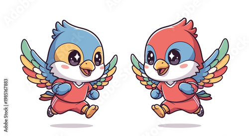 Adorable cartoon birds in running outfits, showcasing a vibrant and joyful partnership in motion, perfect for children's themes and playful designs
