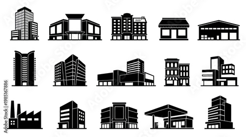 Black and White Icons of Various Commercial and Industrial Buildings