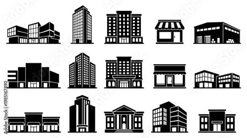 Black  White Icons of Commercial Buildings and Stores
