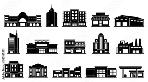 Black  White Building Icons: Commercial, Residential, Industrial, City Architecture