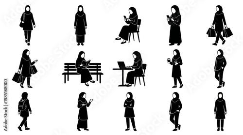 Black and White Silhouettes of Muslim Women in Various Poses