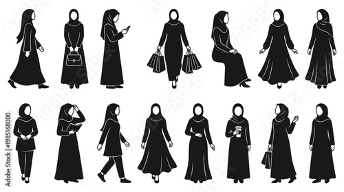Black  White Glyph Art of Muslim Women in Hijab Fashion Poses