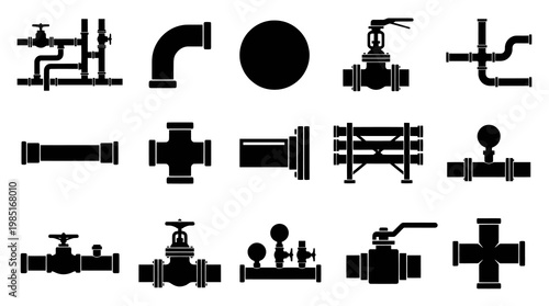 Plumbing Icons: Valves, Pipes, Elbows, Crosses, Gauges - Black  White Glyph Set