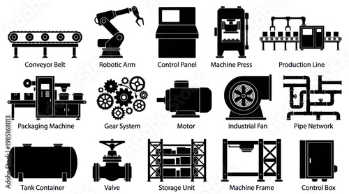Industrial Manufacturing Icons: Production, Automation, Machinery, Technology