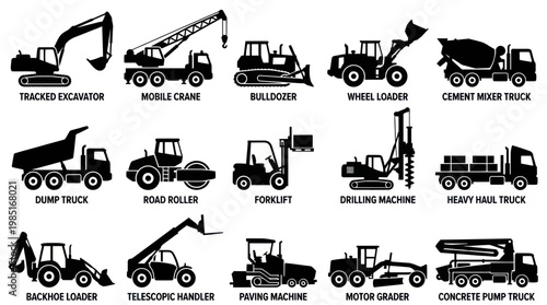 Black  White Construction Equipment Icons - Industry, Vehicles, Tools