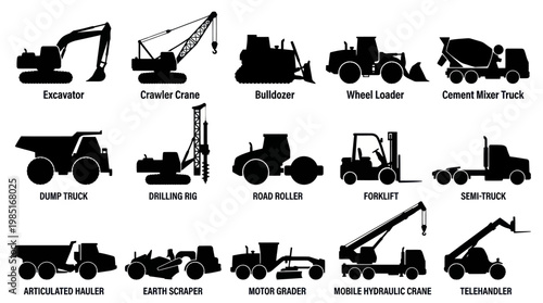 Construction Equipment Silhouettes: Excavator, Crane, Truck, Loader  More