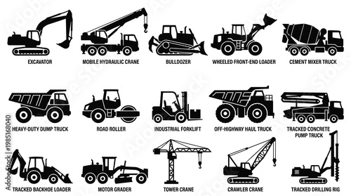 Construction Heavy Equipment Icons - Black  White Vector Set