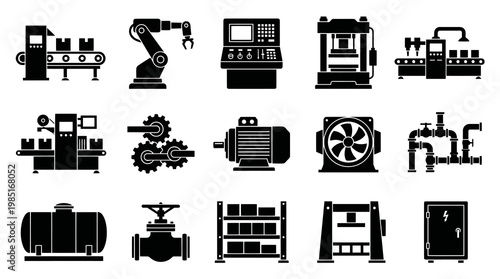 Industrial Equipment Icons: Conveyor, Robot Arm, Motor, Valve, Press, Fan