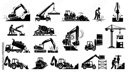 Construction Equipment Icons Set - Black and White Glyph Art