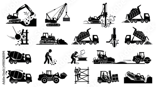 Construction Equipment Icons - Black and White Vector Art