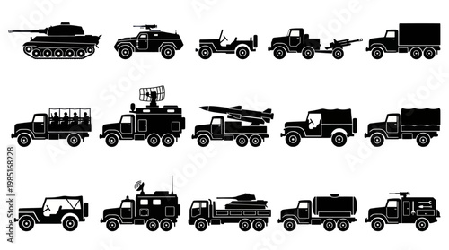 Black  White Vector Icons of Military Vehicles  Trucks