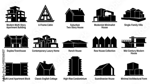 Building Types Icons: Modern Architecture Styles Black White Glyph Set