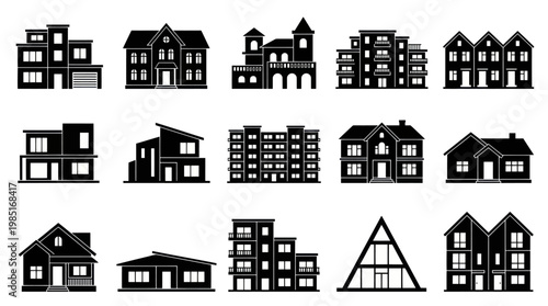 Set of Black and White House and Building Icons, Architecture Vector Art