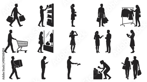 Black  White Silhouette Icons of Shoppers and Shopping Scenes